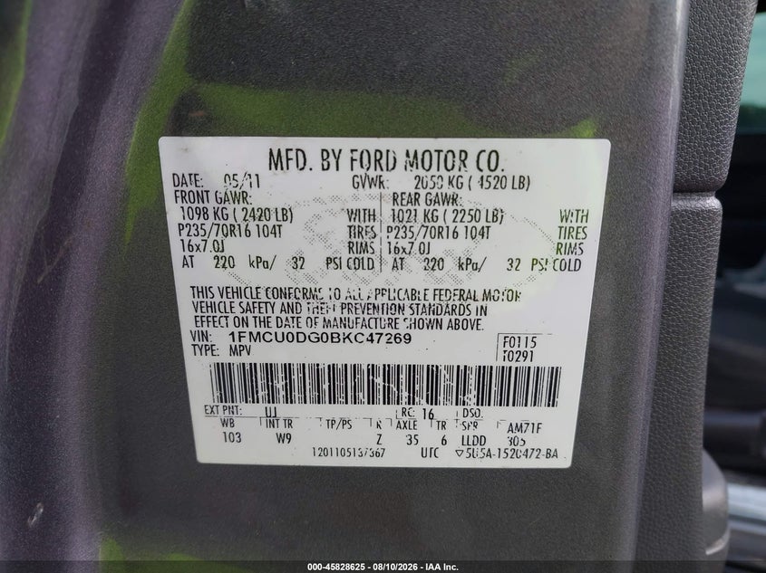 FORD ESCAPE 2011 VIN 1FMCU0DG0BKC47269