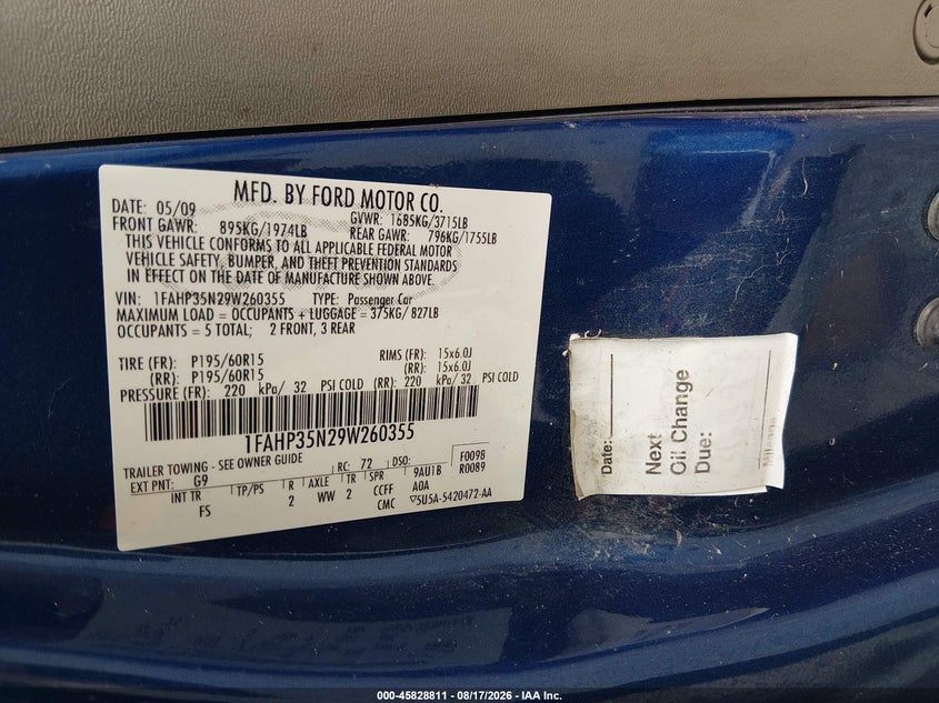 FORD FOCUS 2009 VIN 1FAHP35N29W260355