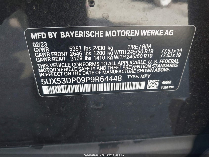 BMW X3 2023 VIN 5UX53DP09P9R64448