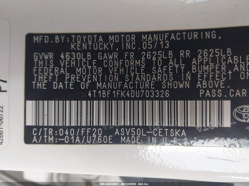 TOYOTA CAMRY 2013 VIN 4T1BF1FK4DU703326