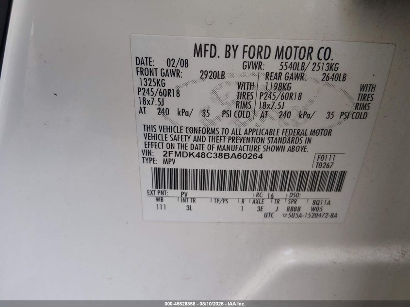 FORD EDGE 2008 VIN 2FMDK48C38BA60264