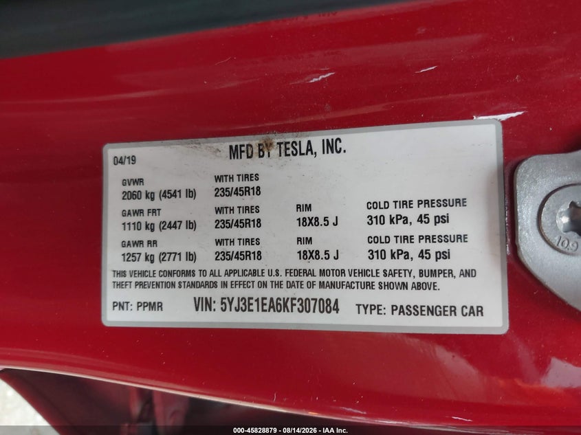 TESLA MODEL 3 2019 VIN 5YJ3E1EA6KF307084