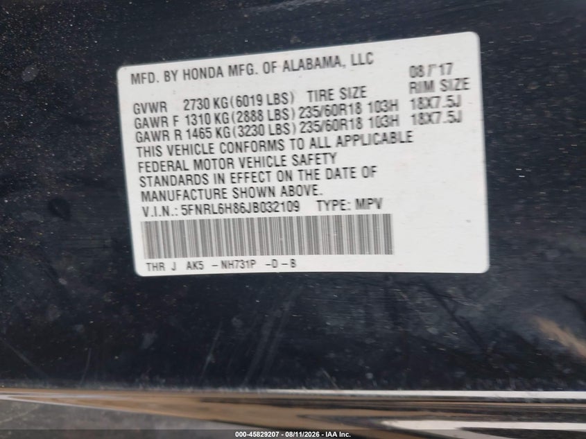 HONDA ODYSSEY 2018 VIN 5FNRL6H86JB032109