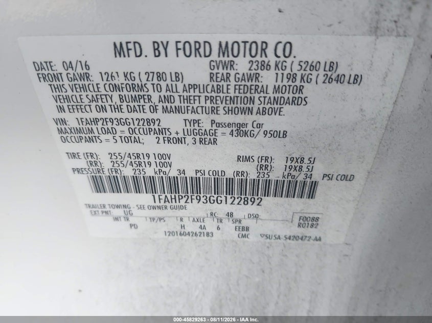 FORD TAURUS 2016 VIN 1FAHP2F93GG122892