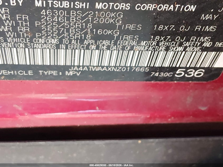 MITSUBISHI ECLIPSE CROSS 2022 VIN JA4ATWAAXNZ017665