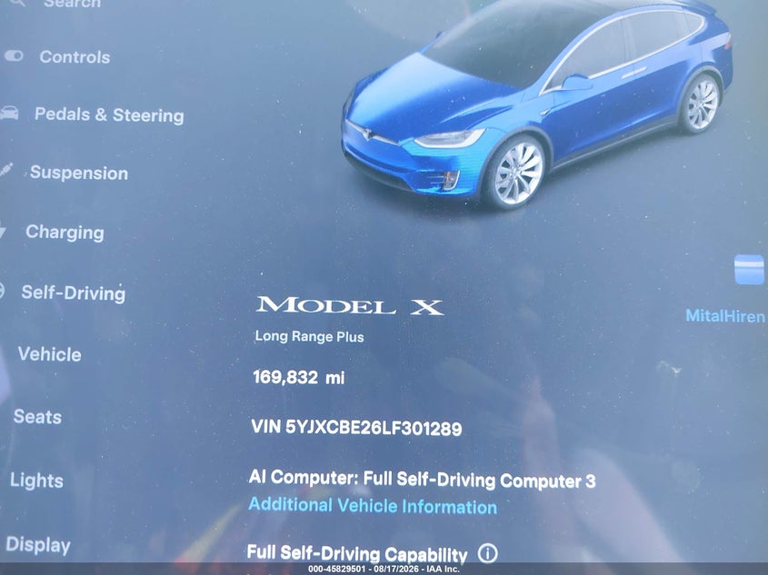 TESLA MODEL X 2020 VIN 5YJXCBE26LF301289