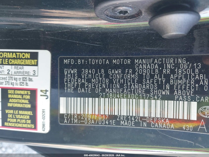 2013 TOYOTA COROLLA SEDAN 1.8L I-4 DOHC, VVT, 132HP