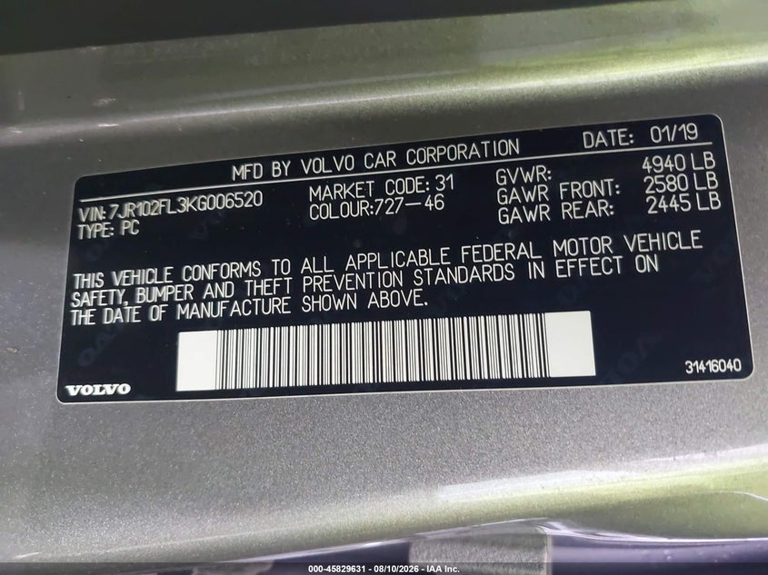 VOLVO S60 2019 VIN 7JR102FL3KG006520