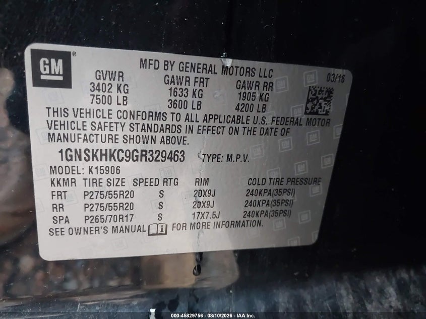 CHEVROLET SUBURBAN 2016 VIN 1GNSKHKC9GR329463
