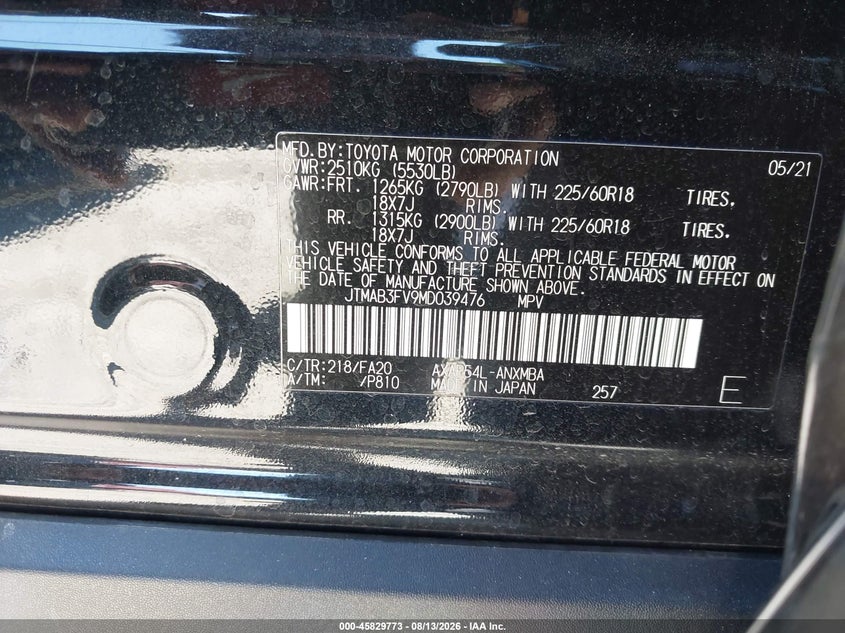 TOYOTA RAV4 PRIME 2021 VIN JTMAB3FV9MD039476