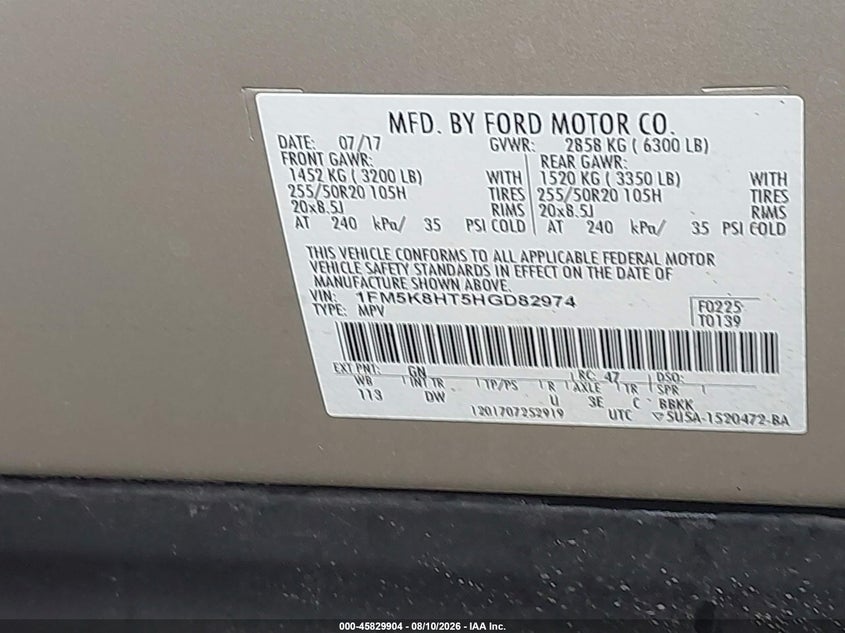 FORD EXPLORER 2017 VIN 1FM5K8HT5HGD82974