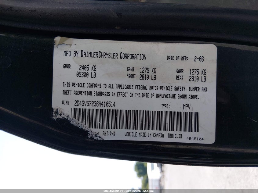 DODGE MAGNUM 2006 VIN 2D4GV57236H410514