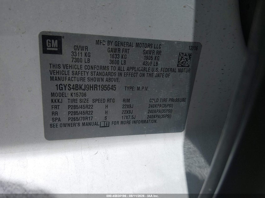 CADILLAC ESCALADE 2017 VIN 1GYS4BKJ9HR195645