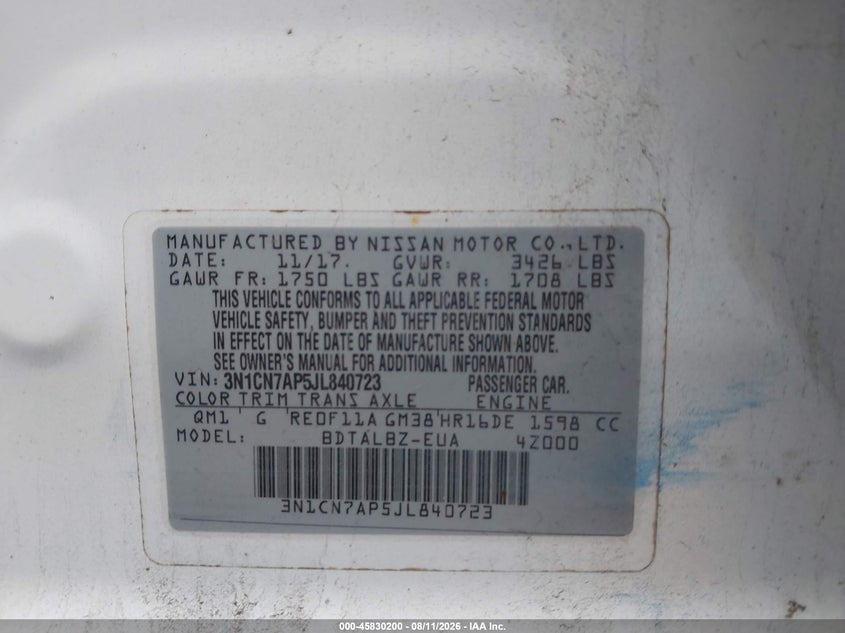 NISSAN VERSA 2018 VIN 3N1CN7AP5JL840723