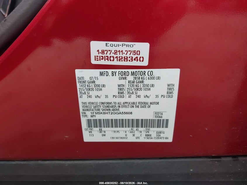 FORD EXPLORER 2016 VIN 1FM5K8HT2GGA55608