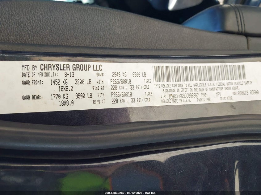 DODGE DURANGO 2013 VIN 1C4RDHAG9DC696867