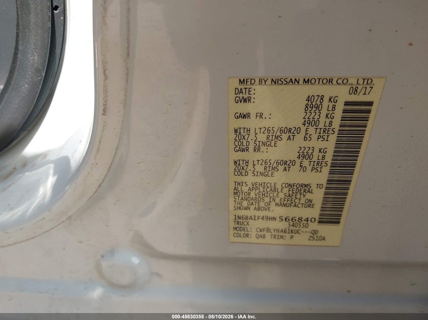 NISSAN TITAN XD 2017 VIN 1N6BA1F49HN566840