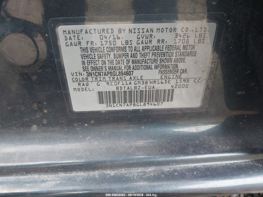 2016 NISSAN VERSA SEDAN 1.6L I-4 DOHC, VVT, 109HP