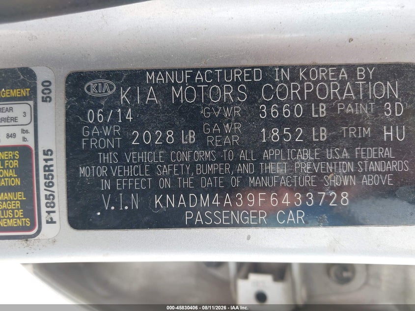 KIA RIO 2015 VIN KNADM4A39F6433728