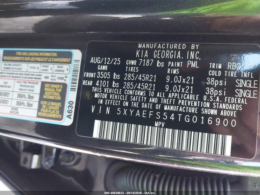 KIA EV9 2026 VIN 5XYAEFS54TG016900