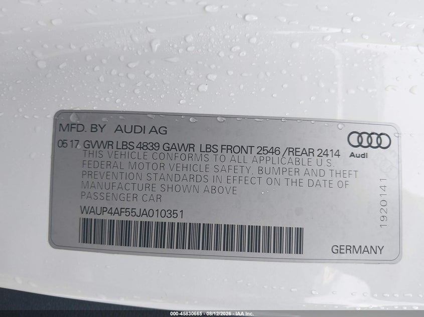 AUDI S5 2018 VIN WAUP4AF55JA010351