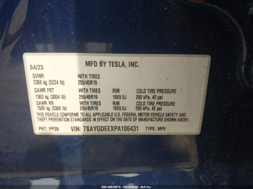 TESLA MODEL Y 2023 VIN 7SAYGDEEXPA106431