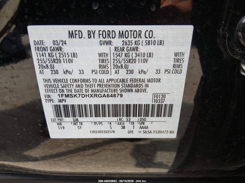 FORD EXPLORER 2024 VIN 1FMSK7DHXRGA64879
