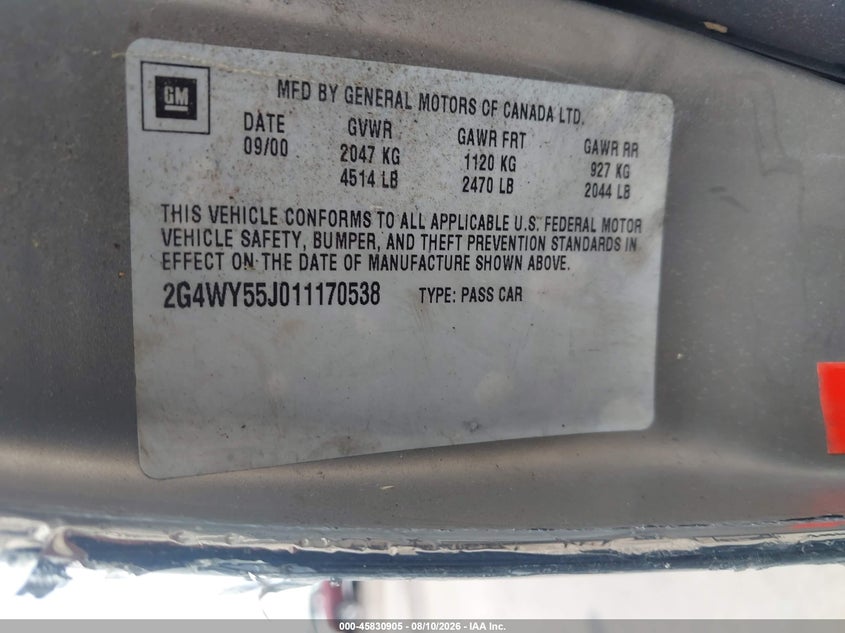 BUICK CENTURY 2001 VIN 2G4WY55J011170538