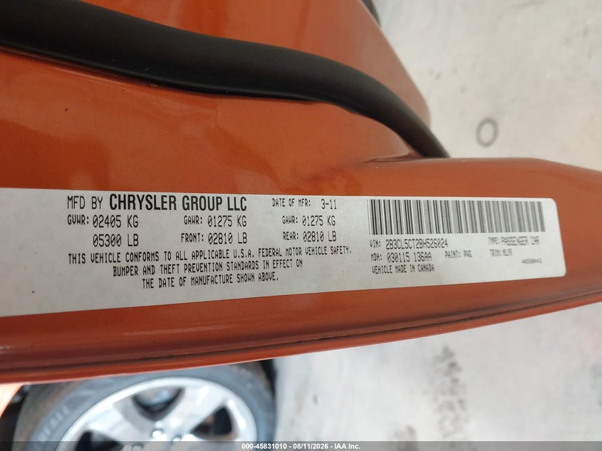 DODGE CHARGER 2011 VIN 2B3CL5CT2BH526024