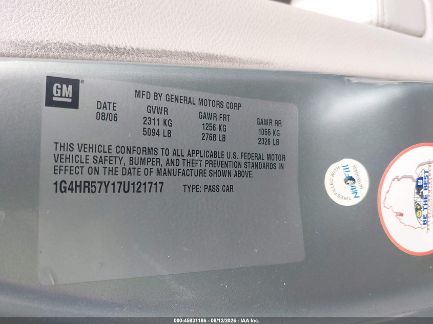 BUICK LUCERNE 2007 VIN 1G4HR57Y17U121717