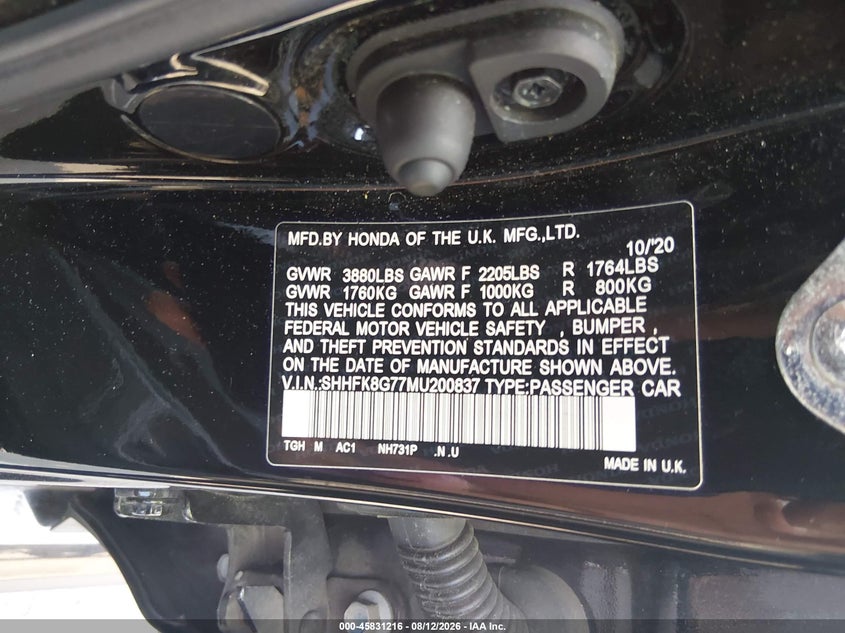 HONDA CIVIC TYPE R 2021 VIN SHHFK8G77MU200837