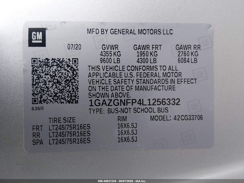 CHEVROLET EXPRESS PASSENGER 2020 VIN 1GAZGNFP4L1256332