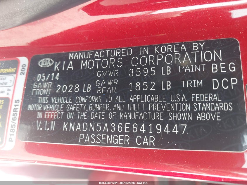 KIA RIO 2014 VIN KNADN5A36E6419447