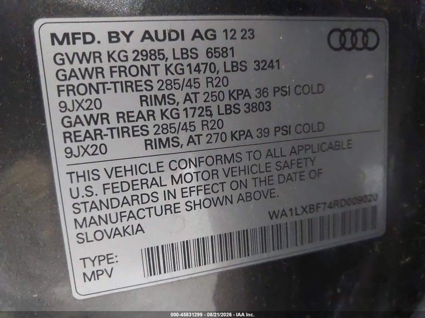 AUDI Q7 2024 VIN WA1LXBF74RD009020