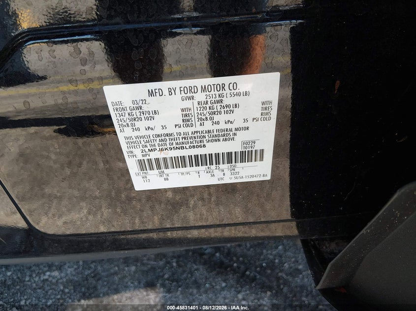 2022 LINCOLN NAUTILUS SPORT UTILITY VEHICLE 2.0L I-4 DI, DOHC, VVT, TURBO, 250HP