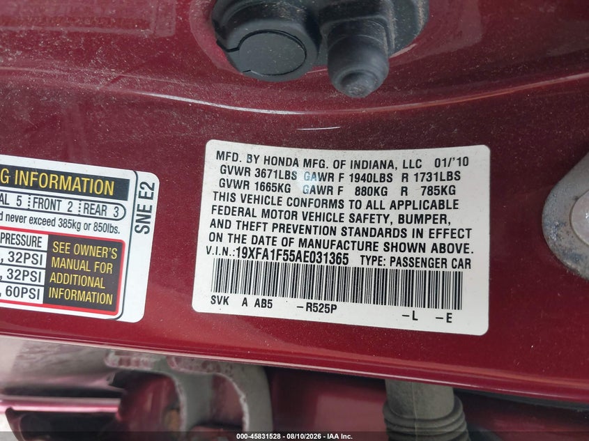 2010 HONDA CIVIC SEDAN 1.8L I-4 VVT, 140HP