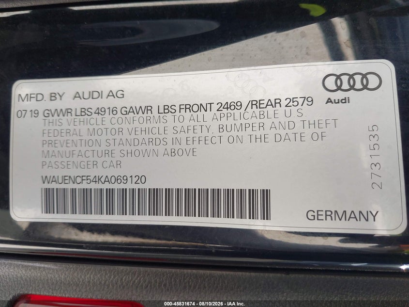 AUDI A5 2019 VIN WAUENCF54KA069120
