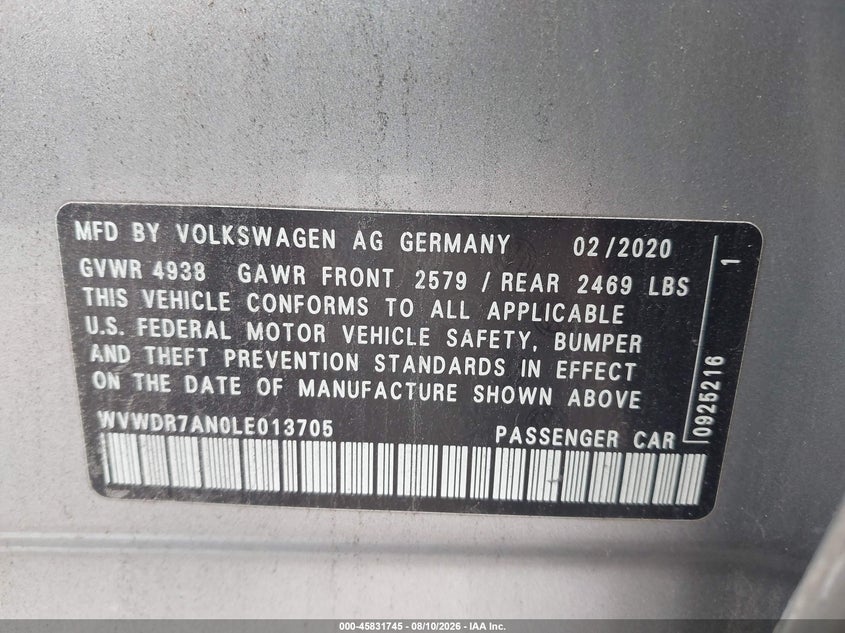 VOLKSWAGEN ARTEON 2020 VIN WVWDR7AN0LE013705