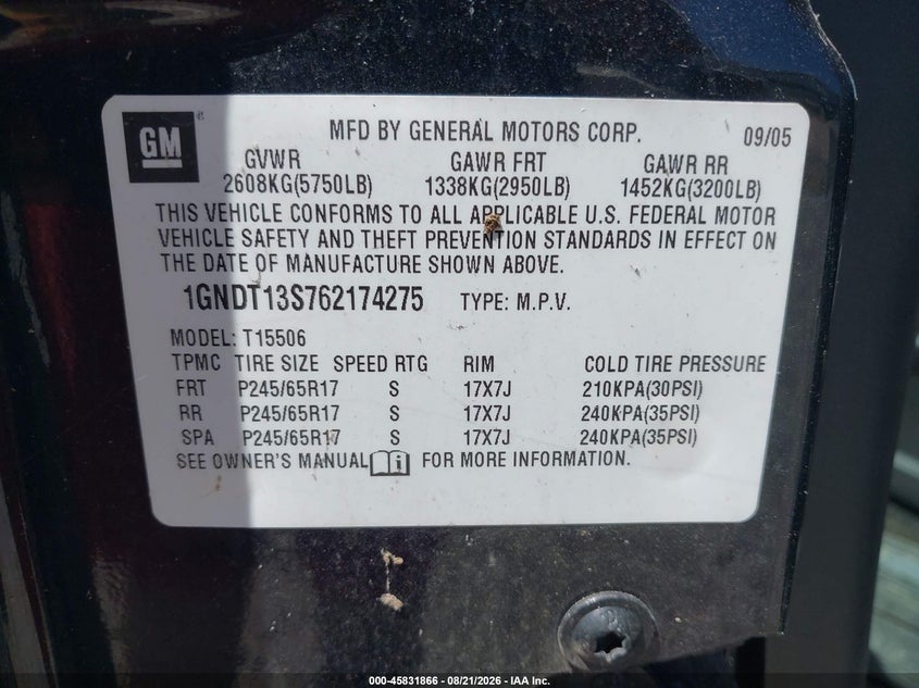 CHEVROLET TRAILBLAZER 2006 VIN 1GNDT13S762174275
