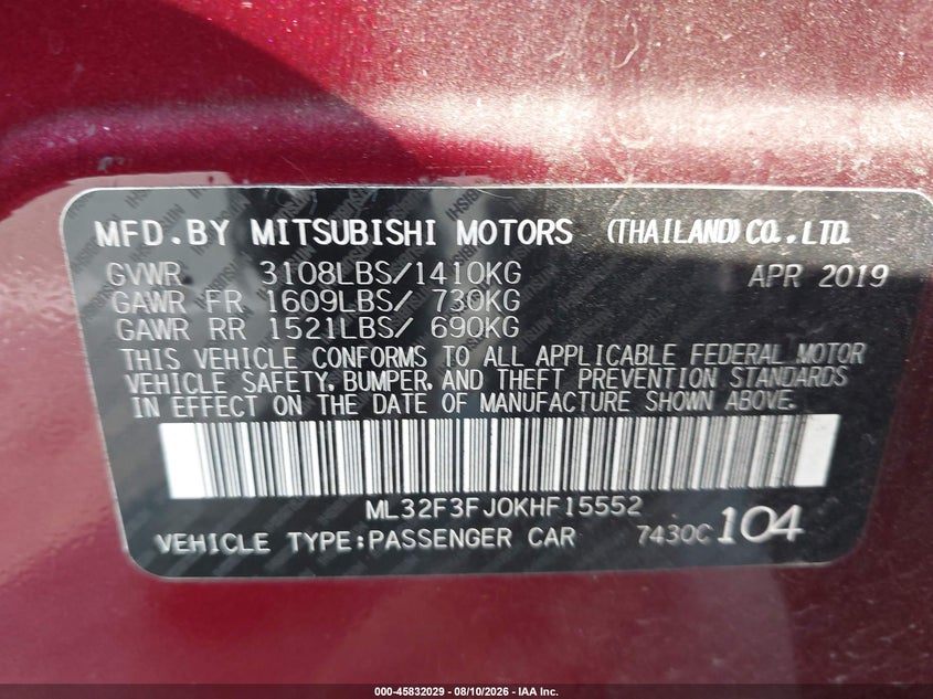 MITSUBISHI MIRAGE G4 2019 VIN ML32F3FJ0KHF15552