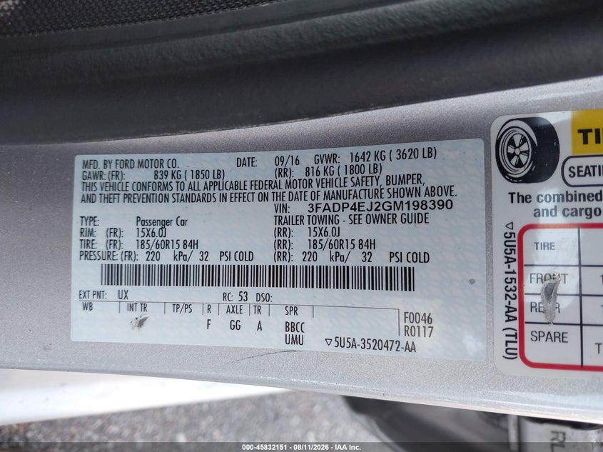 FORD FIESTA 2016 VIN 3FADP4EJ2GM198390