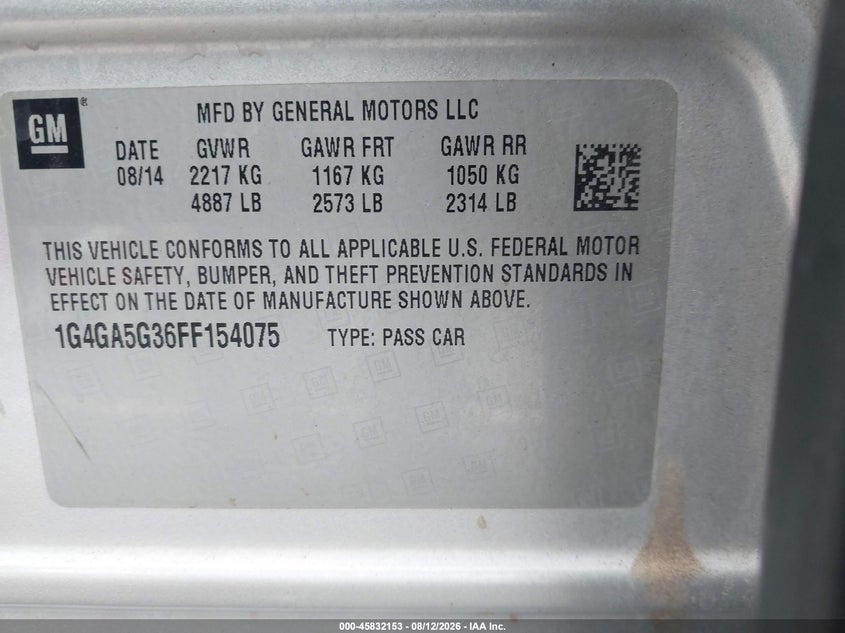 2015 BUICK LACROSSE SEDAN 3.6L V-6 DI, DOHC, VVT, 304HP
