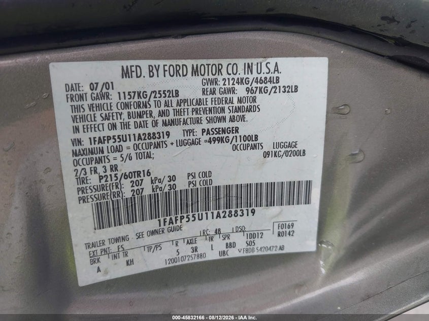 FORD TAURUS 2001 VIN 1FAFP55U11A288319