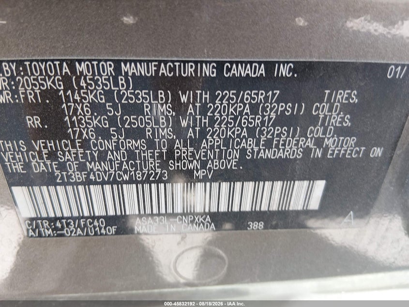 2012 TOYOTA RAV 4 SPORT UTILITY VEHICLE 2.5L I-4 DOHC, VVT, 179HP