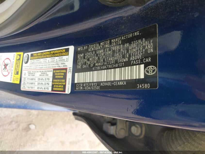 TOYOTA CAMRY 2009 VIN 4T1BE46K79U348101
