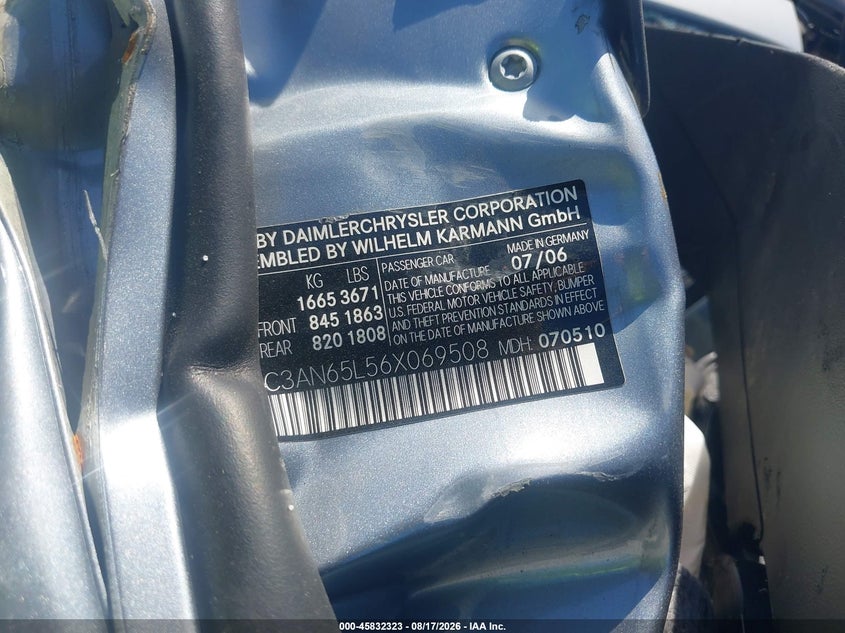 CHRYSLER CROSSFIRE 2006 VIN 1C3AN65L56X069508