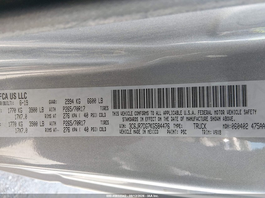 2019 RAM 1500 TRUCK 3.6L V-6 DOHC, VVT, 305HP