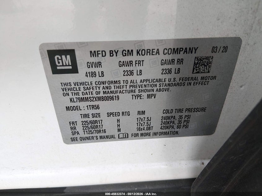 CHEVROLET TRAILBLAZER 2021 VIN KL79MMS2XMB009619