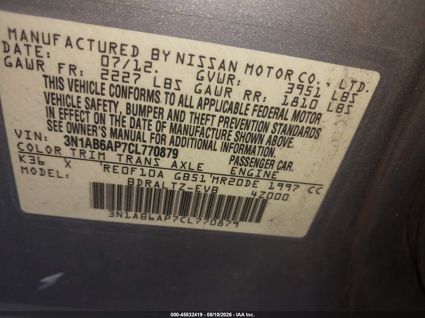 2012 NISSAN SENTRA SEDAN 2.0L I-4 DOHC, VVT, 140HP