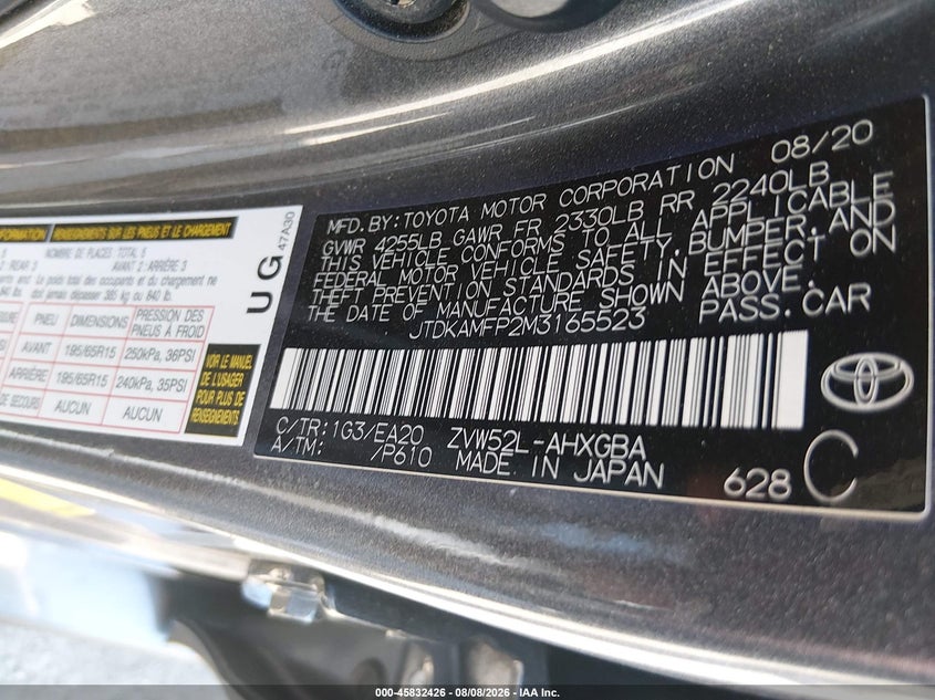 TOYOTA PRIUS PRIME 2021 VIN JTDKAMFP2M3165523